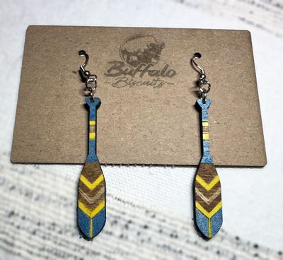 Paddle Earrings - blue/gold/natural wood