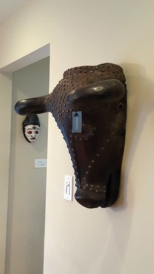 Wooden Buffalo Head Sculpture with Nail Tacks