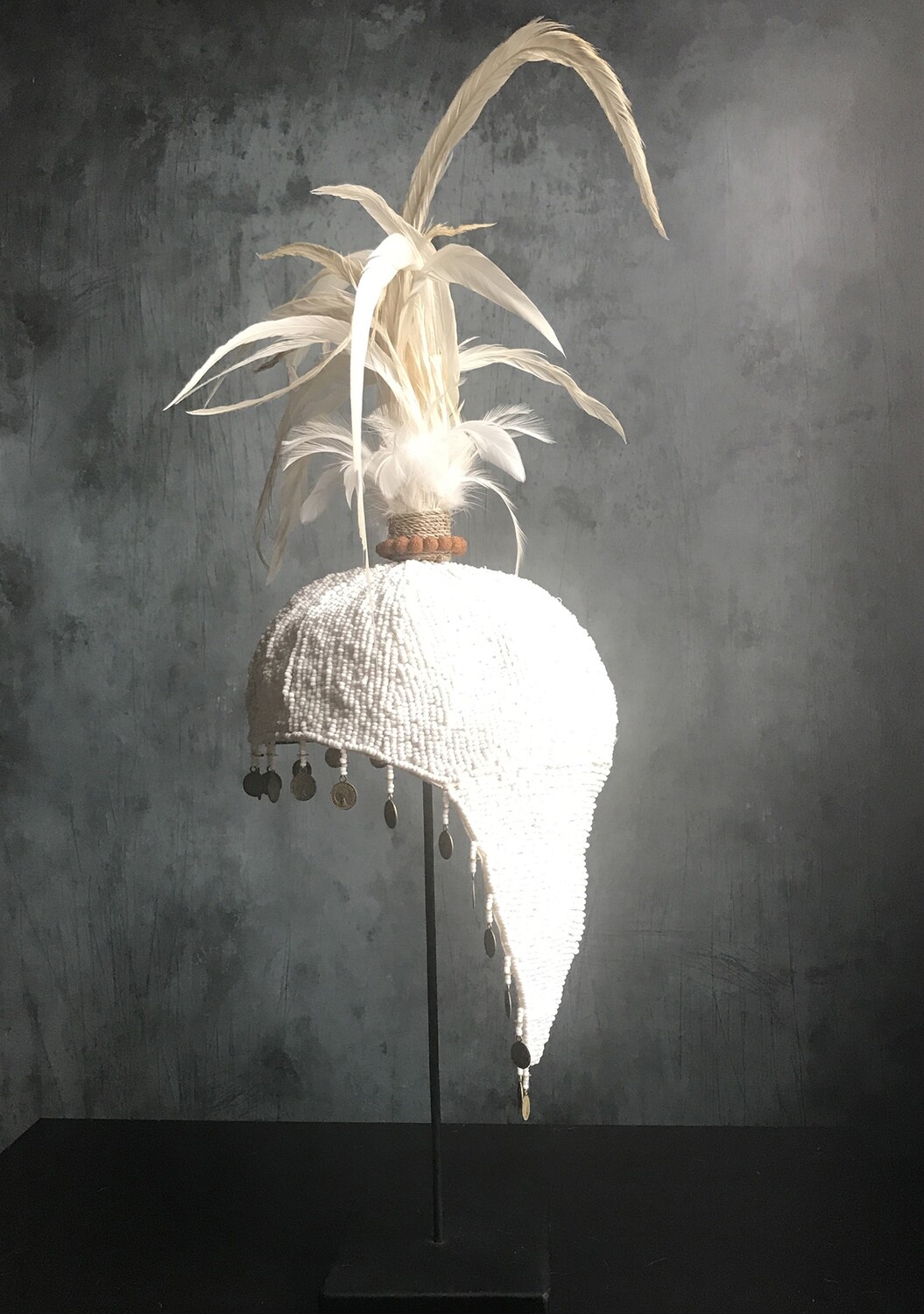White Beaded Hat with White Feathers from Bali, Indonesia