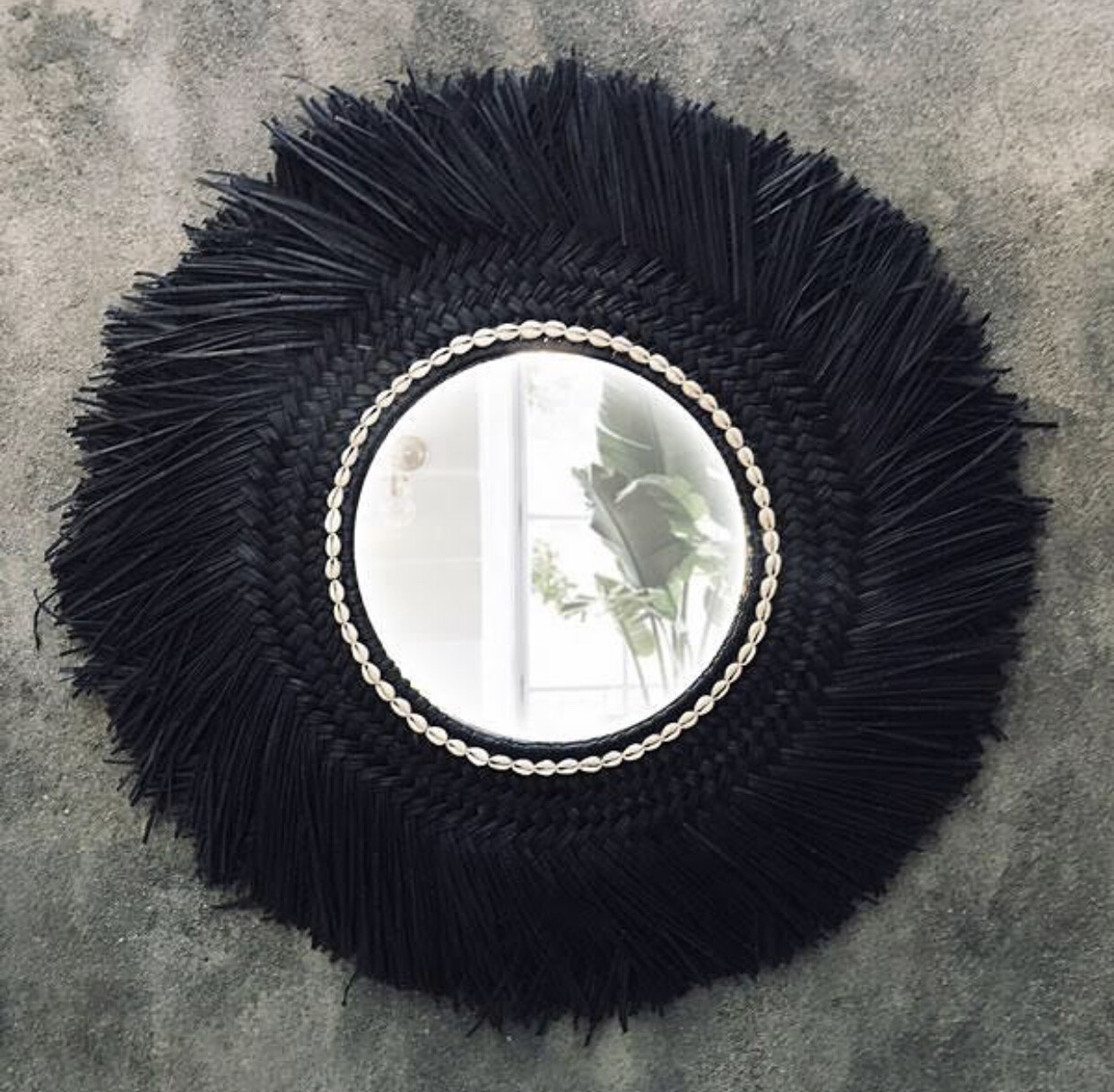 Black Sea Grass Mirror with Cowrie Shells