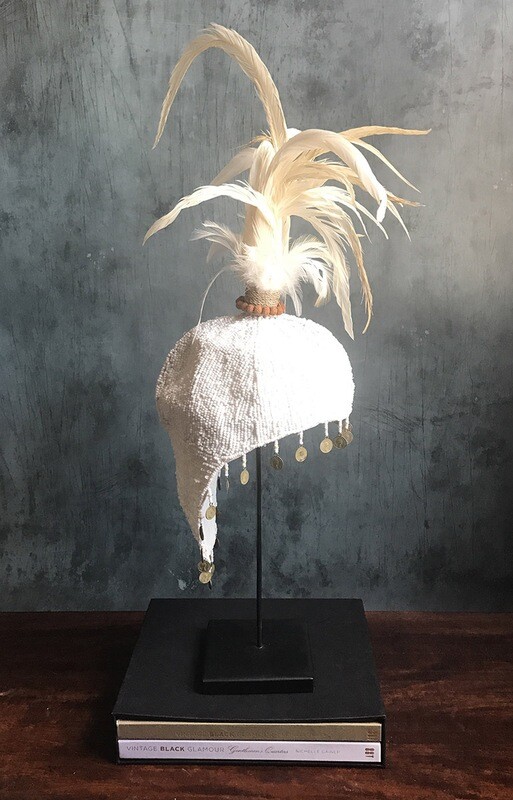 White Beaded Hat with White Feathers from Bali, Indonesia