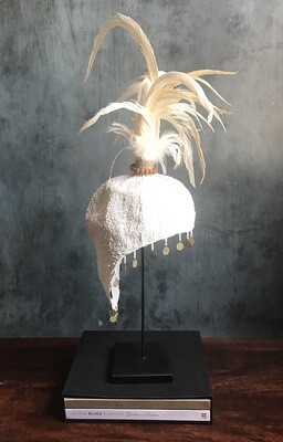 White Beaded Hat with White Feathers from Bali, Indonesia