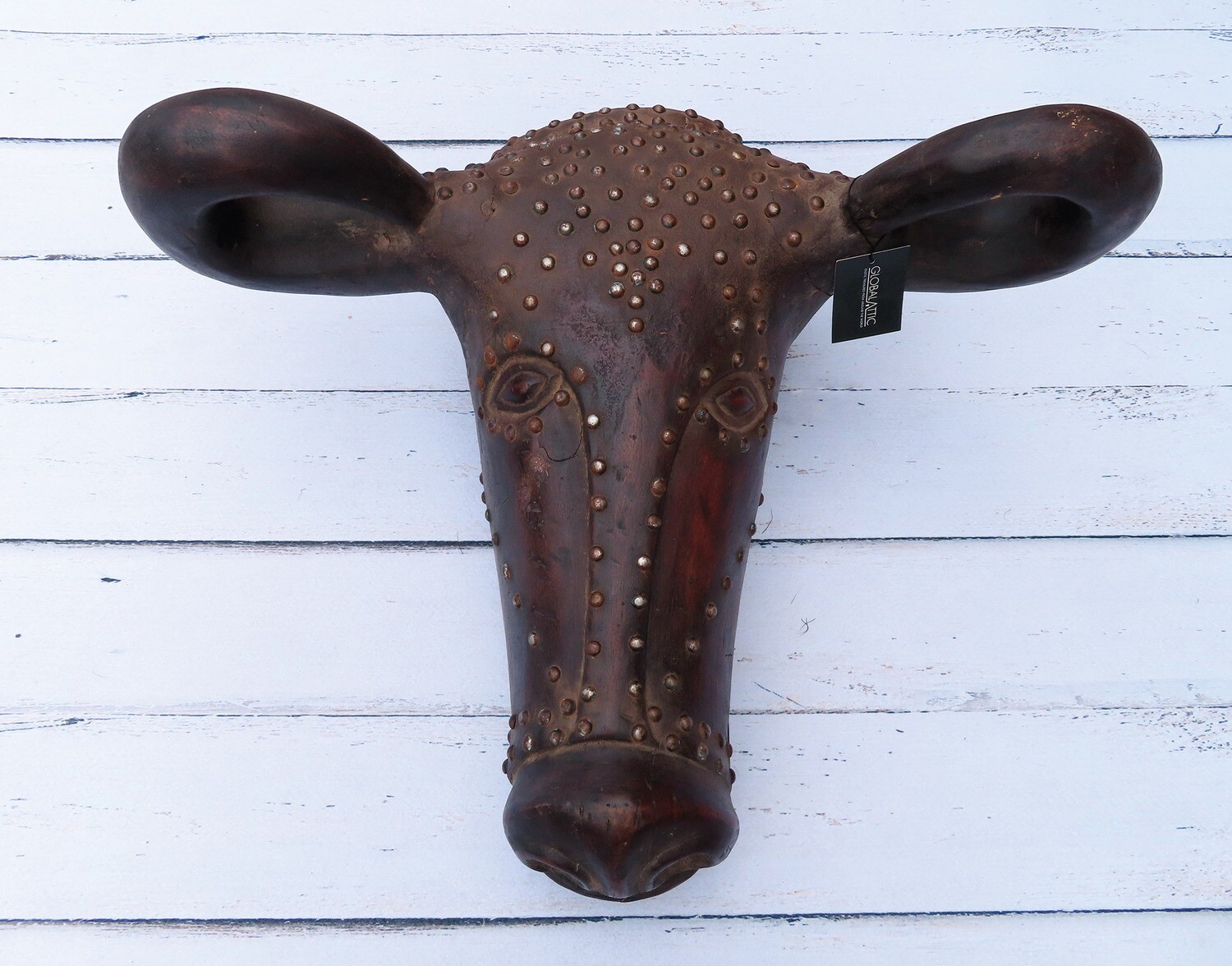 Wooden Buffalo Head Sculpture with Nail Tacks
