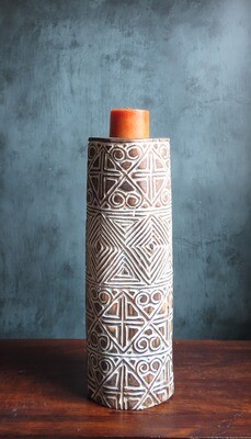 Extra Large Wood Carved Candle Holder - White Tribal