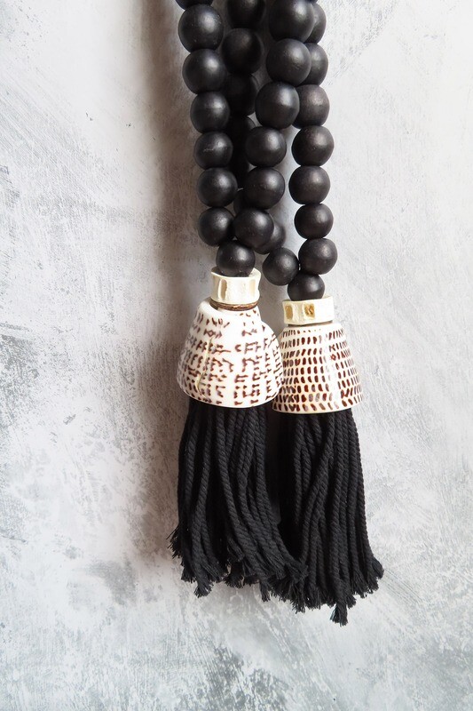 Black Bead and Lettered Cone Shell Tassel