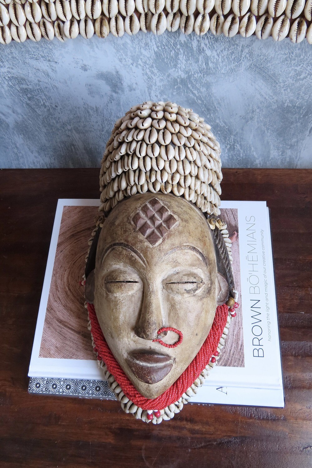 Punu Mask - Gabon (Red/Cowrie Shells)