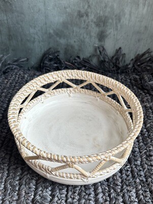 Large Hand-Carved White Washed Rattan Bowl