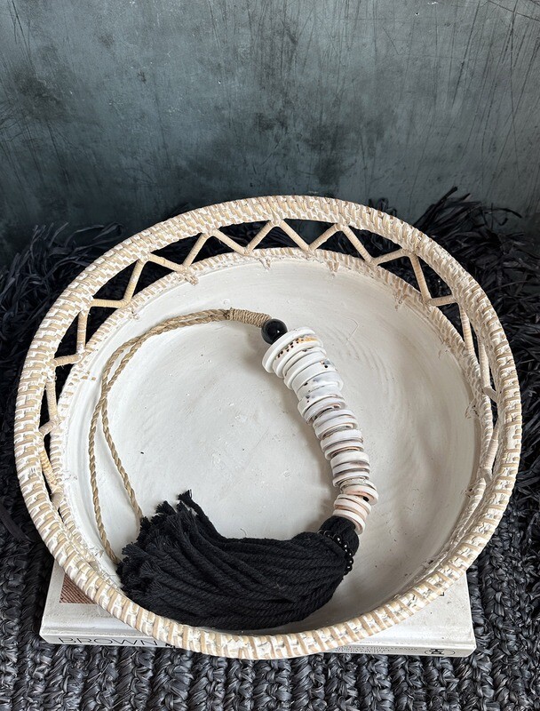 Large Hand-Carved White Washed Rattan Bowl