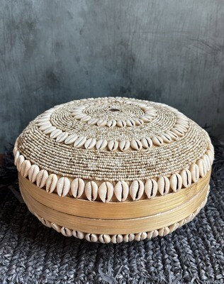 Large Bead and Cowrie Shell Bamboo Basket