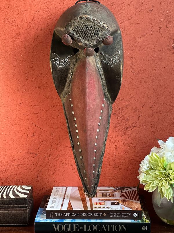 Extra Large Liberian Bird Mask with Metal Studs and Cloth