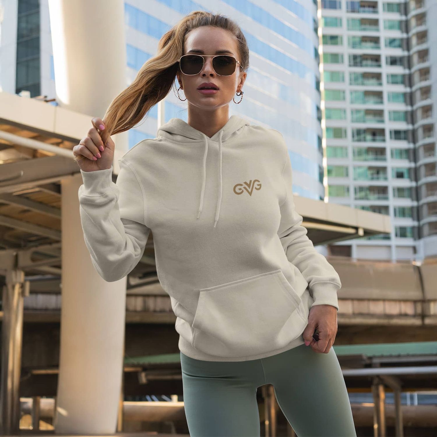 GVG Monogram | Beige Hoodie | Good Vibe Gangsta Gold Logo