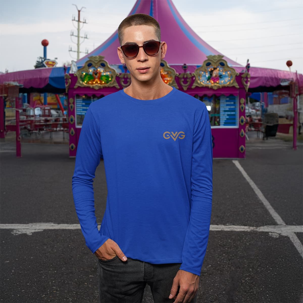 GVG Monogram | Royal Blue Long Sleeve Shirt | Good Vibe Gangsta Gold Logo