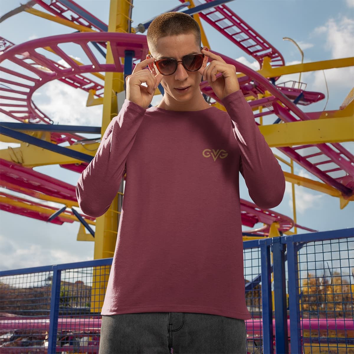 GVG Monogram | Maroon Long Sleeve Shirt | Good Vibe Gangsta Gold Logo