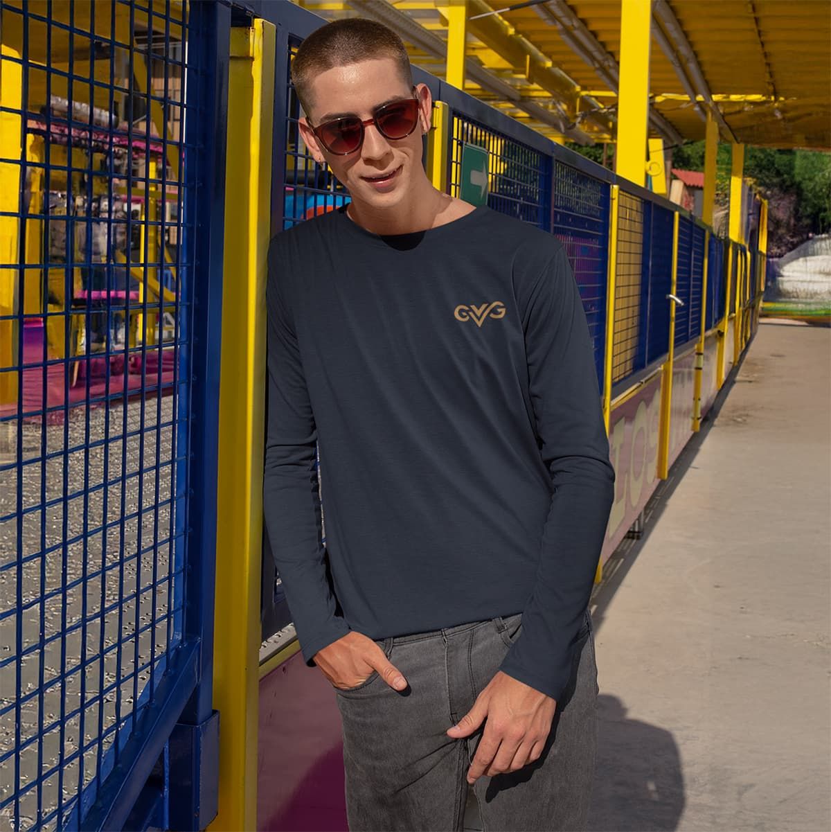 GVG Monogram | Navy Long Sleeve Shirt | Good Vibe Gangsta Gold Logo