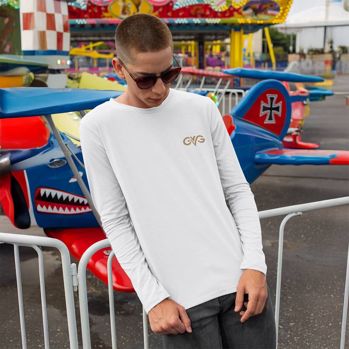 GVG Monogram | White Long Sleeve Shirt | Good Vibe Gangsta Gold Logo GVG Monogram | White Long Sleeve Shirt | Good Vibe Gangsta Gold Logo