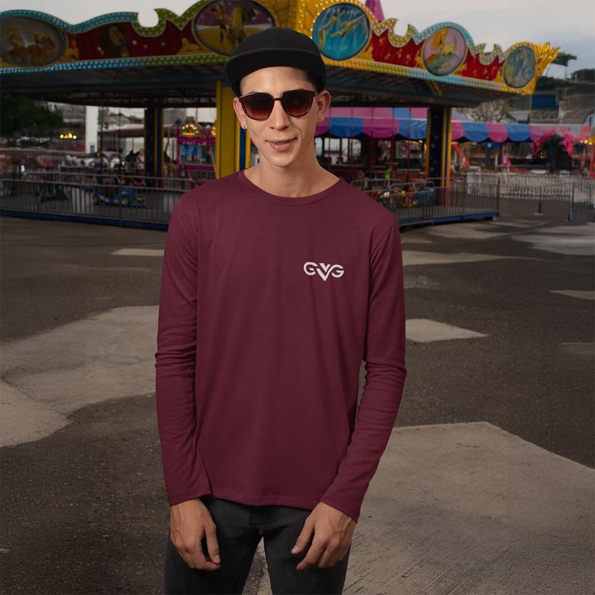 GVG Monogram | Maroon Long Sleeve Shirt | Good Vibe Gangsta White Logo