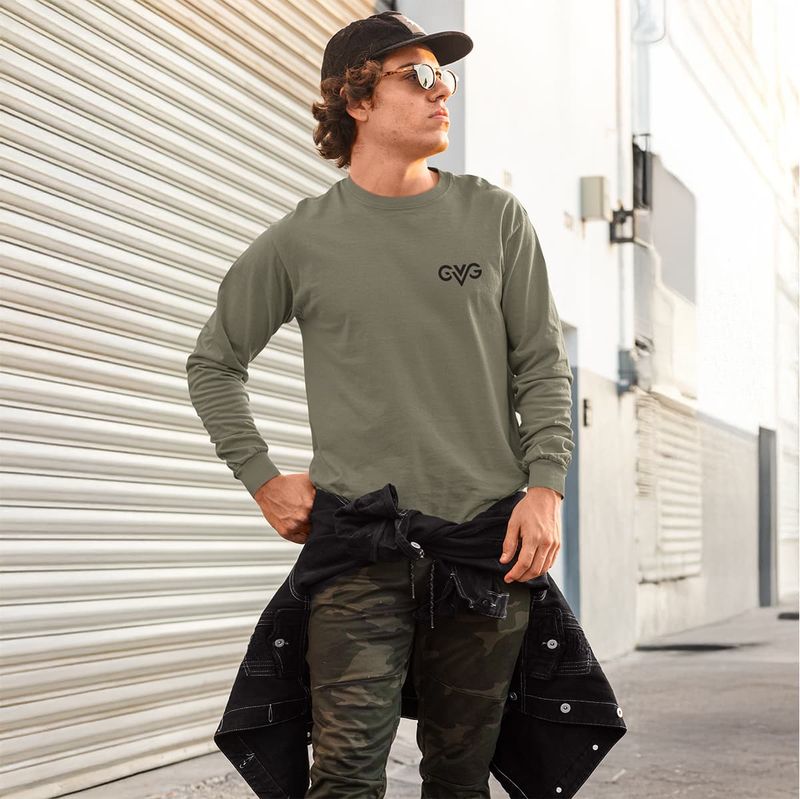 GVG Monogram | Military Green Long Sleeve Shirt | Good Vibe Gangsta Black Logo