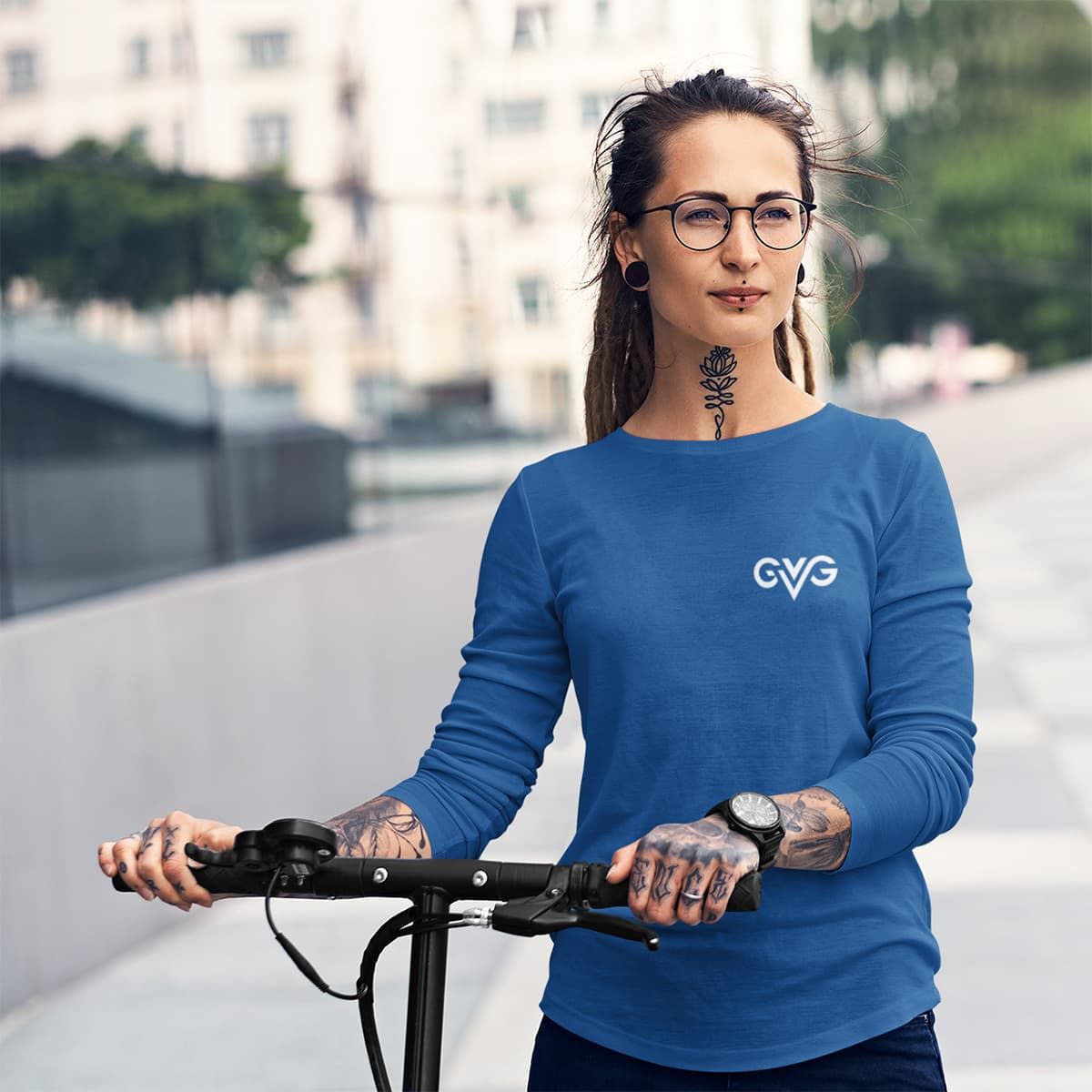 GVG Monogram | Royal Blue Long Sleeve T-Shirt | Good Vibe Gangsta White Logo