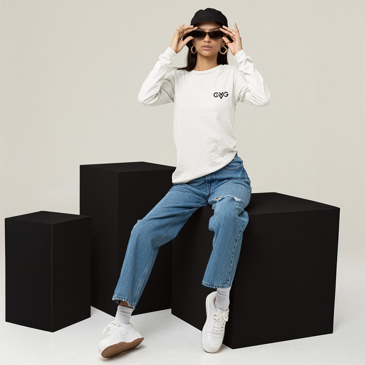 GVG Monogram | White Long Sleeve T-Shirt | Good Vibe Gangsta Black Logo GVG Monogram | White Long Sleeve T-Shirt | Good Vibe Gangsta Black Logo