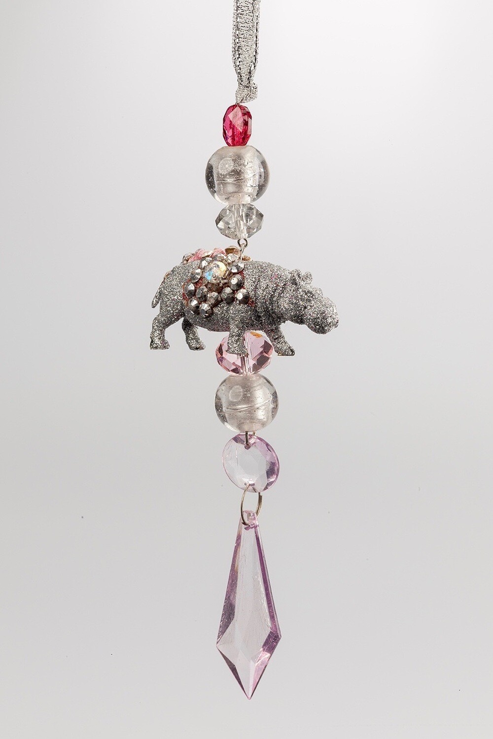 Hanging Decoration -Glitter Silver Hippo with Pale Pink Drop Beads