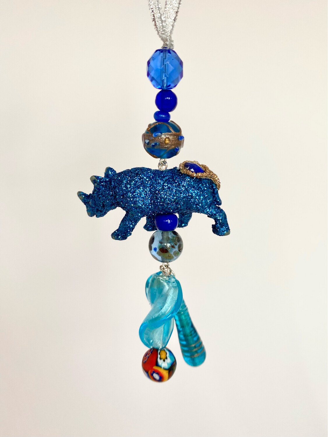Hanging Decoration - Glitter Blue Rhino with Blue Cluster Drop
