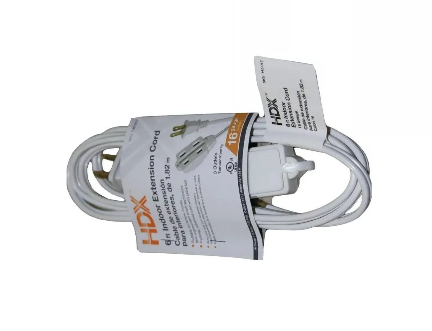 Lot Of 2 HDX 3 outlet 6 ft 13 Amp 16 gauge indoor Extension Cords in White