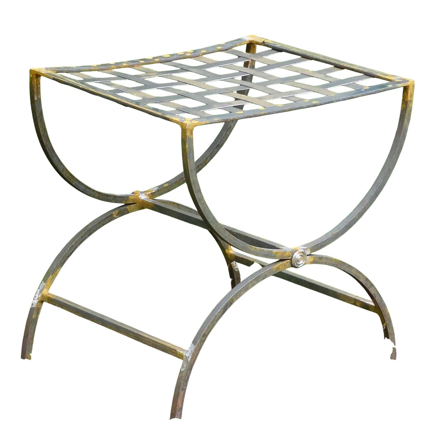 Tabouret en fer forgé, assise métal tressé