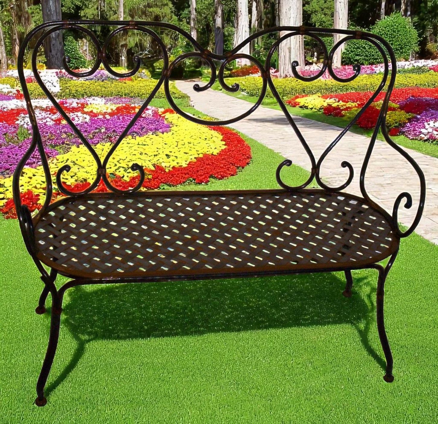 Banc coeur deux places en fer forgé et lattage comme assise