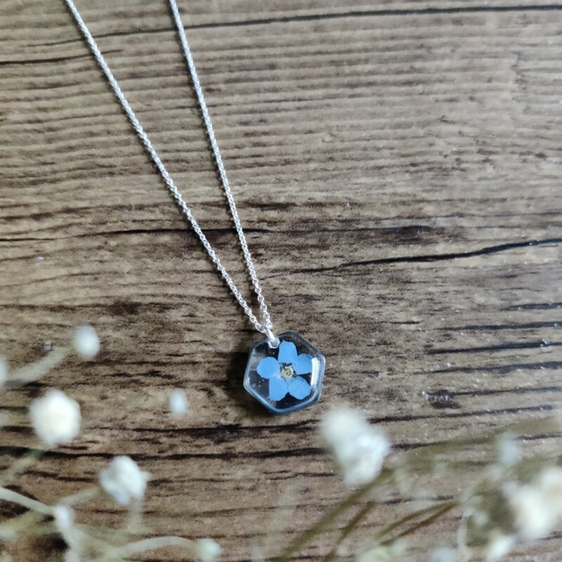Vergeet me nietje: ketting zilver hex klein