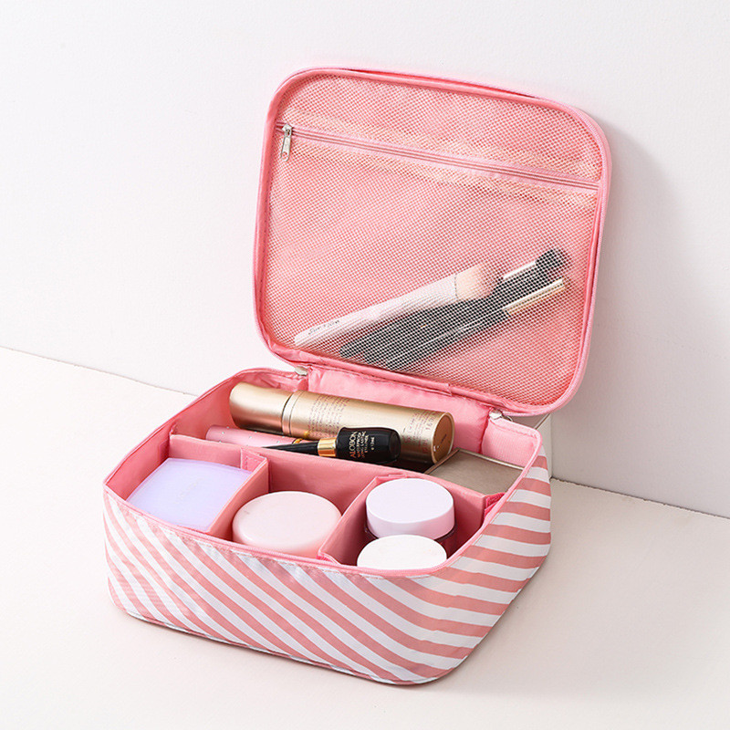 Pink Striped Cosmetic Travel Bag