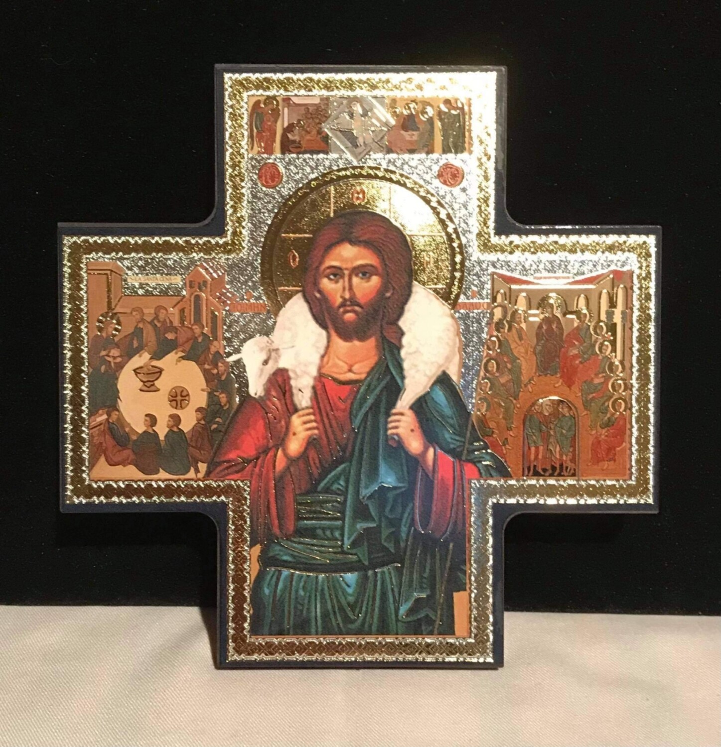 The Good Shepherd wooden cross icon