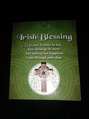 Celtic cross brooch with green crystal