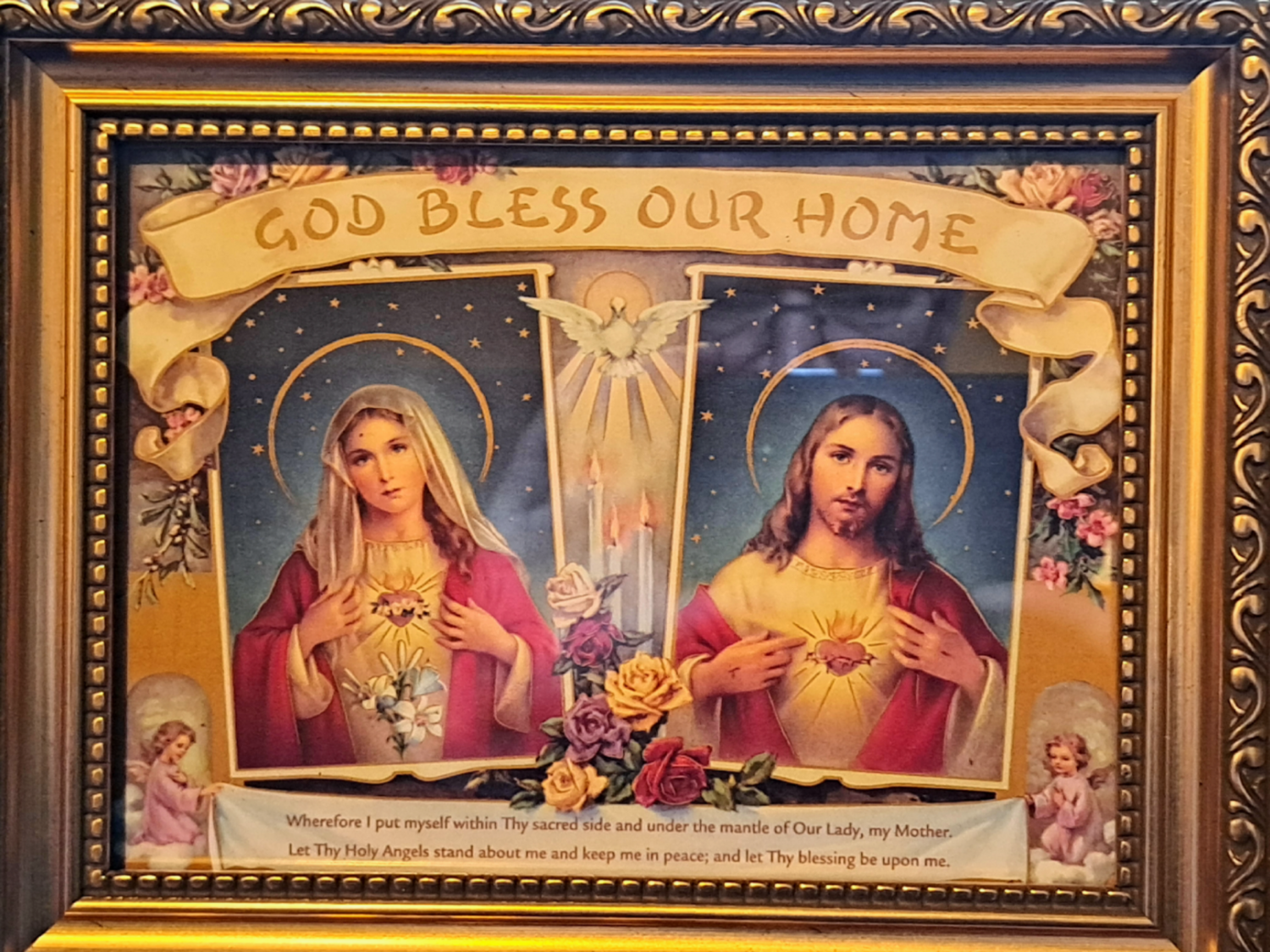 Hearts of Jesus and Mary House Blessing Framed Image.