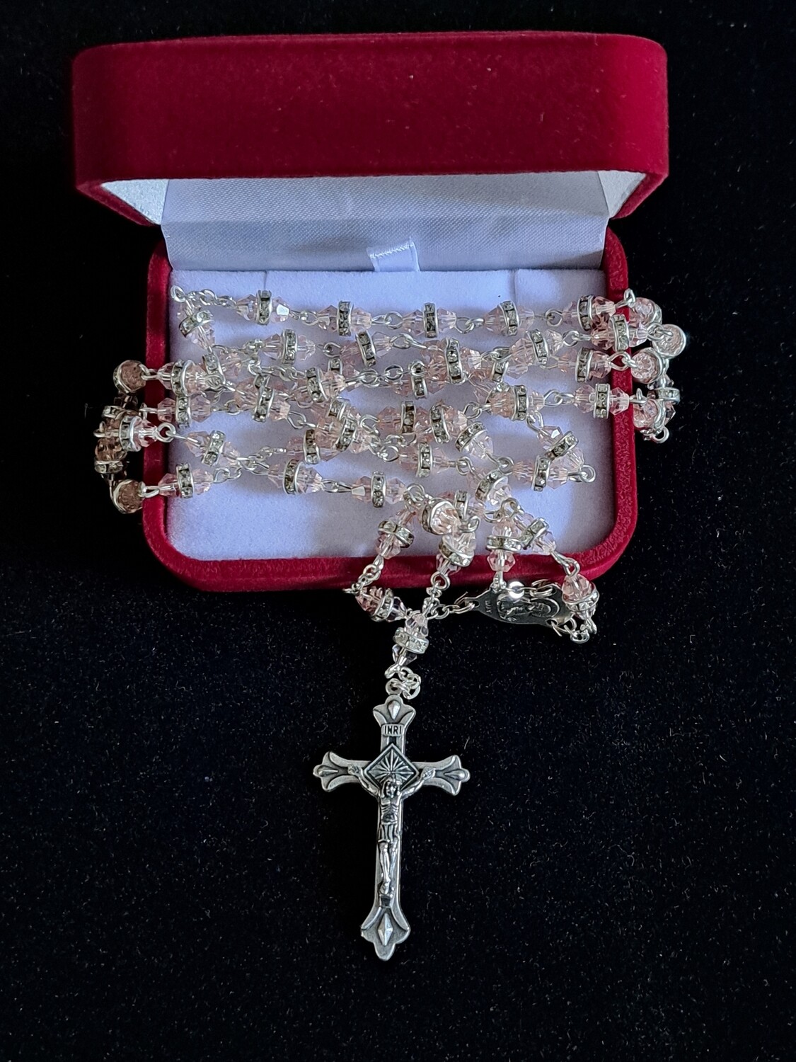 Pink Glass Rosary with Crystal Ring