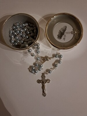 Blue Pearl Rosary with caps and Photo box