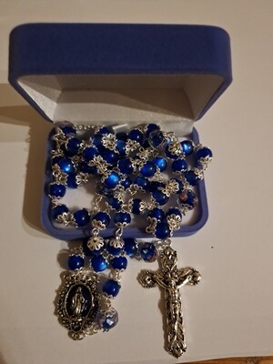 Glass Rosary, Capped, Blue, Pearl Finish