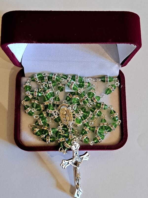 Green Glass Rosary with Crystal Ring