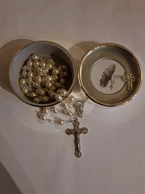 White Pearl Rosary with Caps and Photo Box