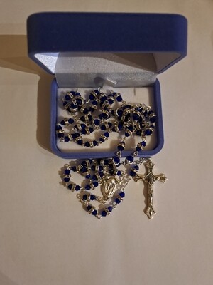 Blue Glass Rosary with Crystal Ring.