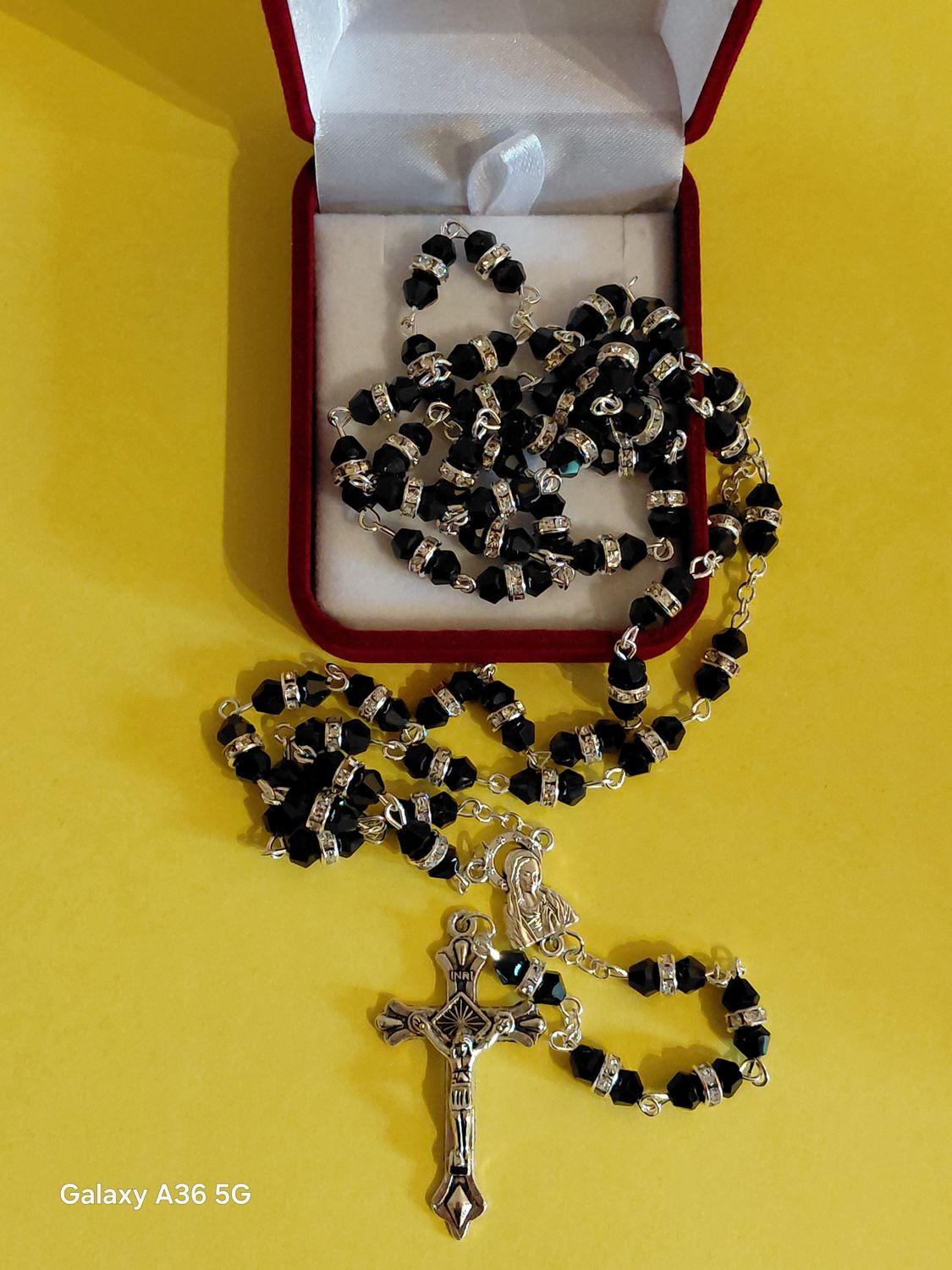 Glass Rosary Black with Crystal Ring.