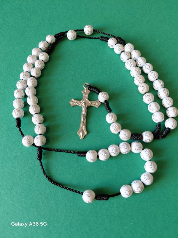 White Rosary on Cord with Silver Cross