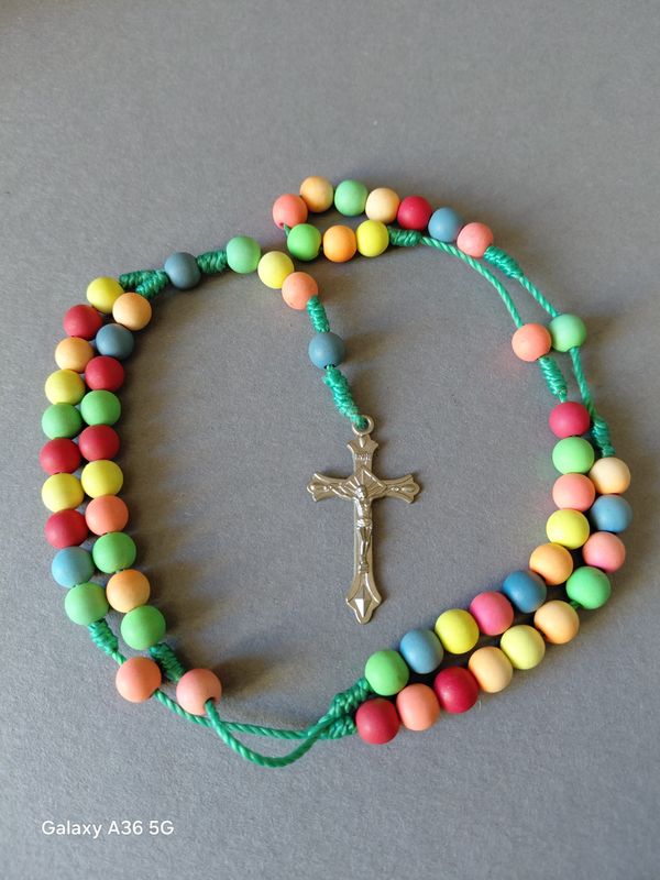 Hand-made Multicoloured Rosary on Green Cord