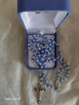 Blue Glass Rosary with Crystal Ring. Blue Glass Rosary with Crystal Ring.