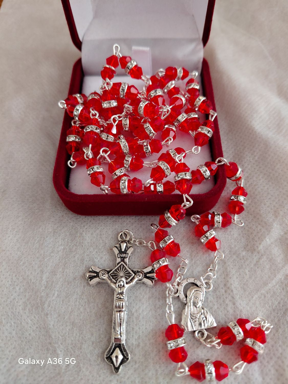 Ruby Glass Rosary with Crystal Ring