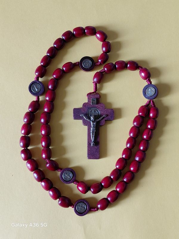 Burgundy Wood Corded St Benedict Rosary