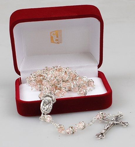 Pink Glass Rosary with Crystal Ring Pink Glass Rosary with Crystal Ring