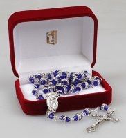 Blue Glass Rosary with Crystal Ring.