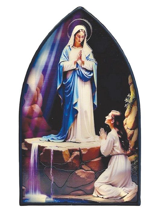 Illuminated Metal Stained Glass Window Plaque of Our Lady of Lourdes