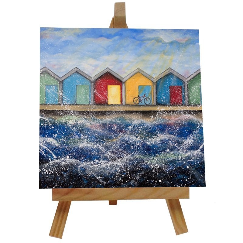 Beach Huts in the Sunshine  Ceramic tile with easel