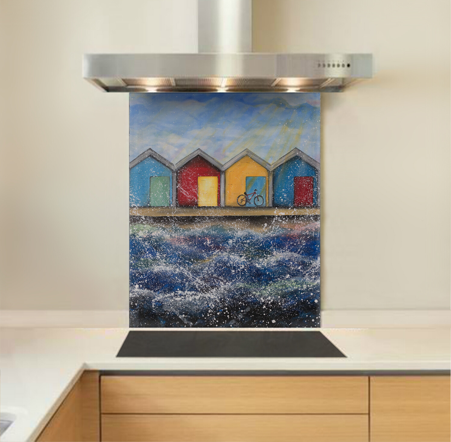 Art - Glass Kitchen Splashback - Beach Huts in the Sunshine